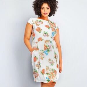 Modcloth Women's Cap Sleeve Floral Sheath Knee Length Dress White Size 2X